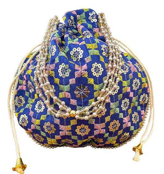 Royal Blue Embroidered Pearl Potli Bag